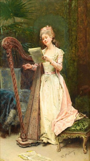 A young woman playing the harp